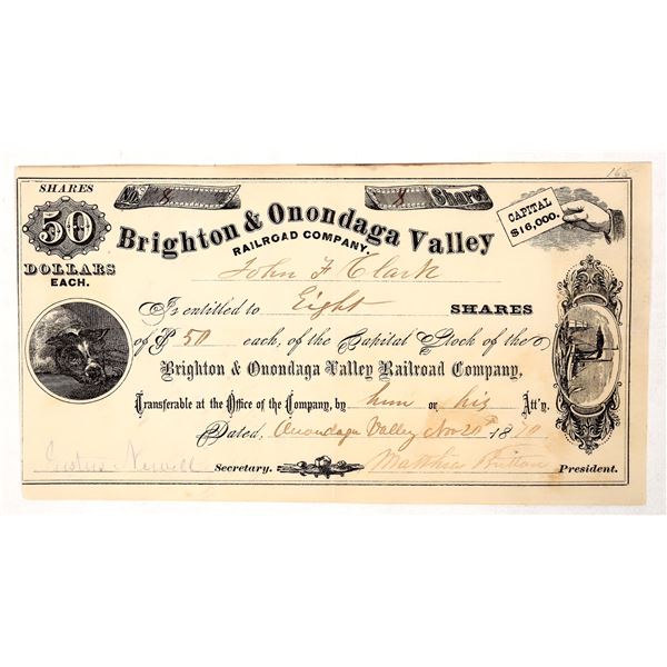Brighton & Onondaga Valley Railroad Stock, 1870, Rare [192087]