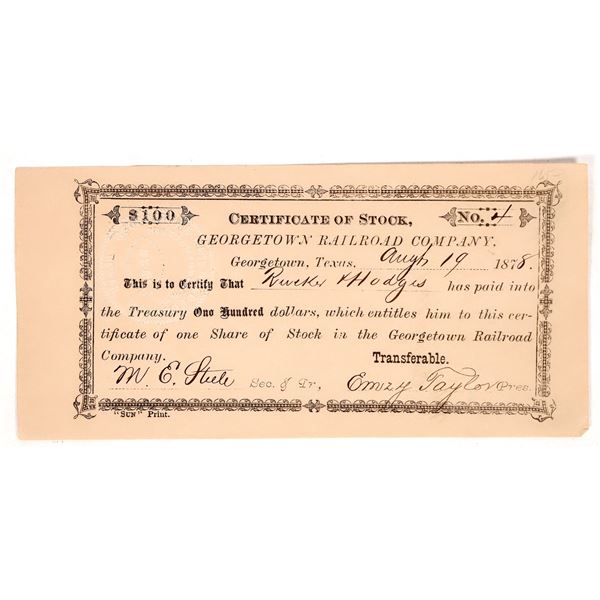Georgetown Railroad Stock Certificate, 1878 [192150]