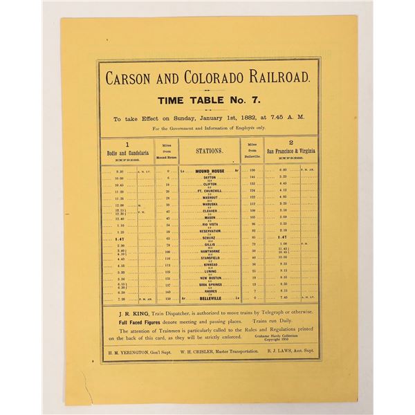 Carson and Colorado Railroad 1882 Time Table, c. 1960's Reprint [190559]
