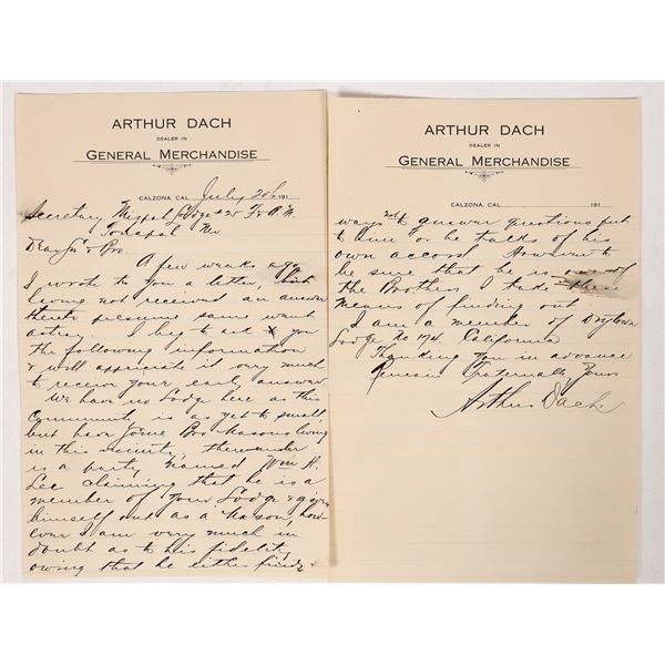 Arthur Dach Letterheads, 2, 1910's, Calzona, CA [193461]