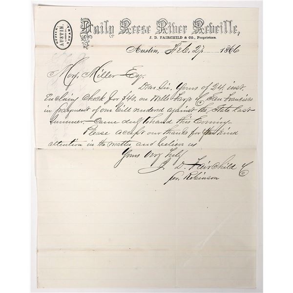 Daily Reese River Reveille (Newspaper) Letterhead, Austin, NV 1866 [192812]