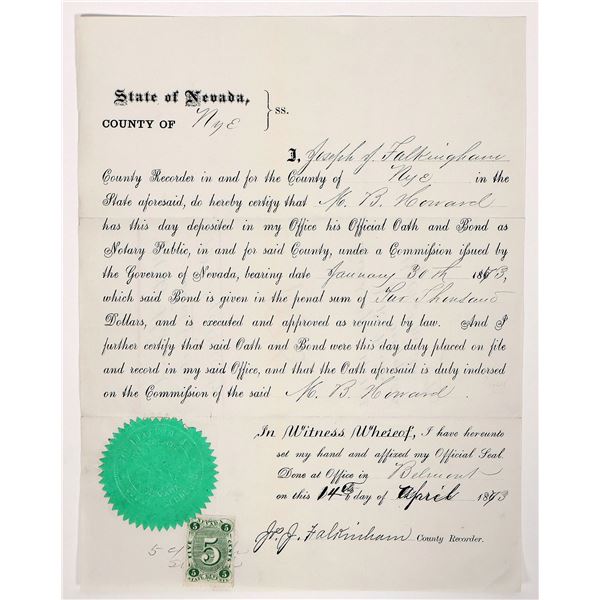 1873 Nye County, Nevada Official Document for Notary Public w/ Revenue Stamp [192817]