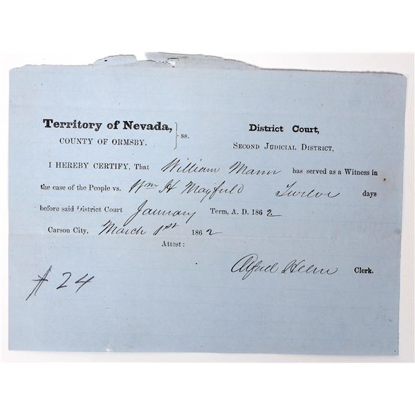Mayfield Murder Trial Witness Certificate, Carson City, Nevada Territory Signed by Nye [192813]