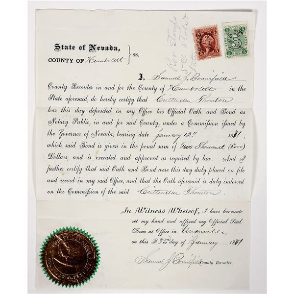 1871 Humboldt County, Nevada Official Document w/ NV Revenue Stamp [192814]