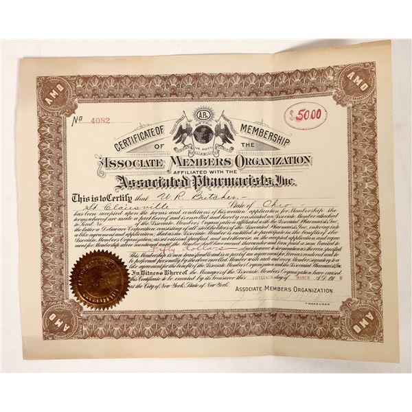 Associated Pharmacists Membership Certificate, 1918, Rare [191691]