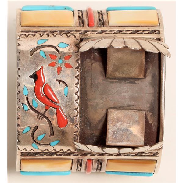 Exquisite Zuni Silver and Precious Stone Pictorial Watchband [186520]