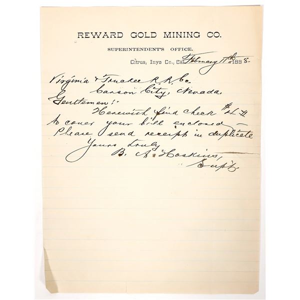 Reward Gold Mining Letterhead, 1898, rare [193458]