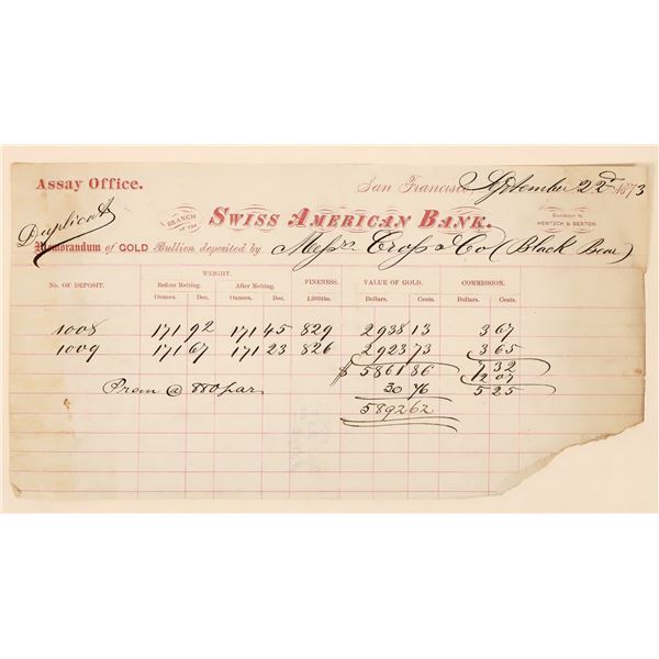 Swiss American Bank, S.F., Deposit Slip RARE, c1873 [191413]
