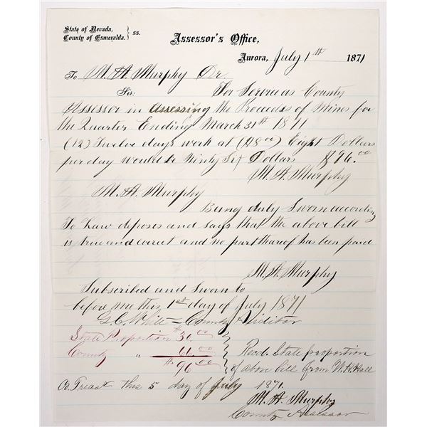 Assessor's Office Document, Aurora, Nevada 1871 for County Assessor, Proceeds of the Mines [192820]