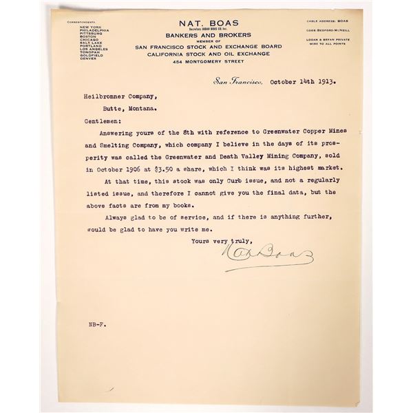 Nat Boas, Mine Promoter, Letter re Greenwater, 1913 [193438]