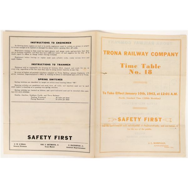 Trona RW Time Table, 1943, Rare [193012]