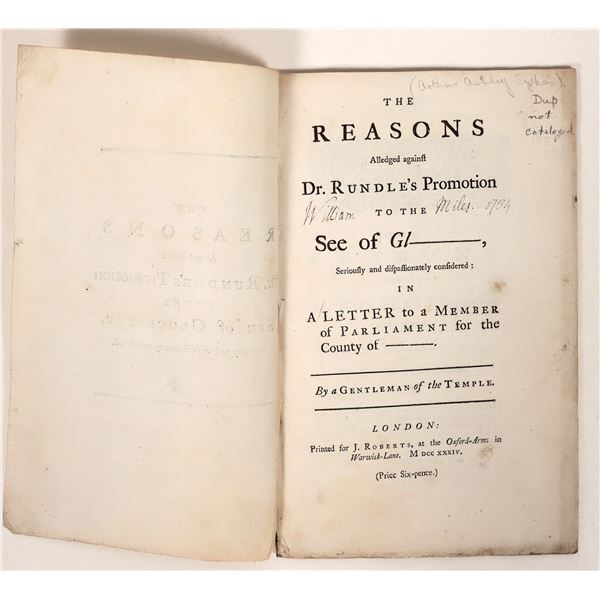 The Reasons Alleged against Dr. Rundle's Promotion to the See of Glocester in paperback c. 1884 [191