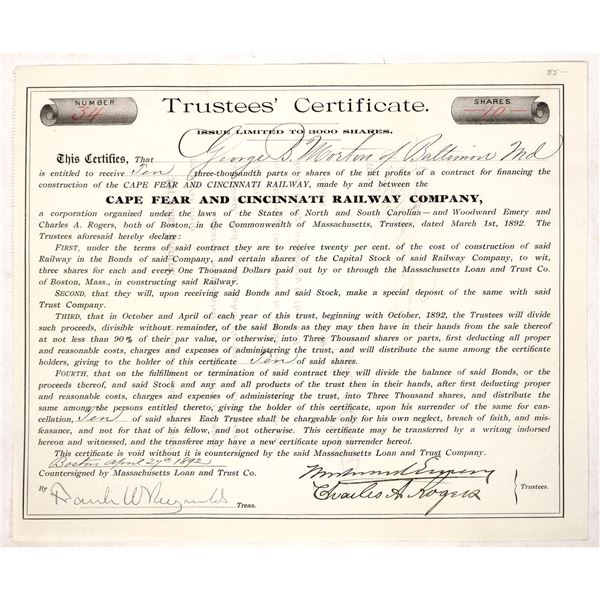Cape Fear and Cincinnati Railway Trustees' Certificate, 1892, Rare [192069]