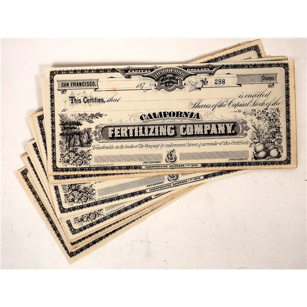 Cal. Fertilizing Co. Stock Certificates, GT Brown Lith. (15) [192972]