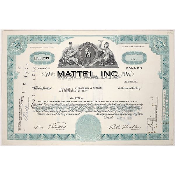 Mattel Inc. Stock Certificate, 1970 [191867]