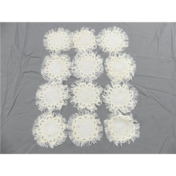 Set of 12 Vintage Fine Linen Silk Embroidery Coasters/Doilies