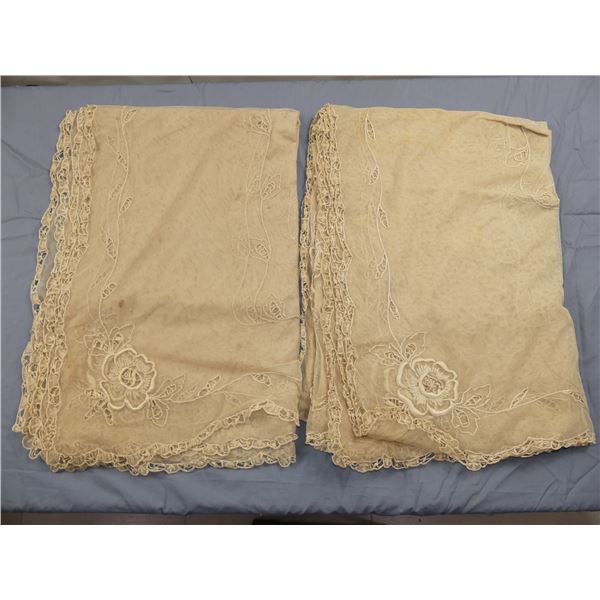 Pair of Vintage Embroidered Net Lace Bedspread