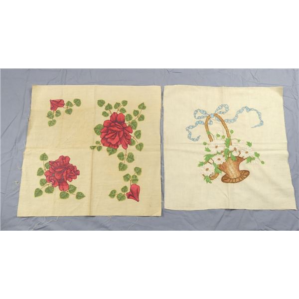 Lot of 2 Victorian Pillow Toppers Hand Colored & Embroidered