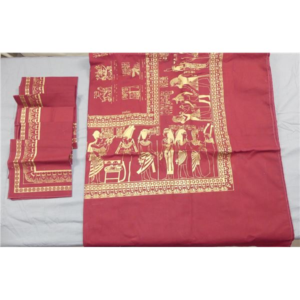 Vintage Old Store Stock Burgundy & Gold Egyptian Mythology Tablecloth & Napkin Set