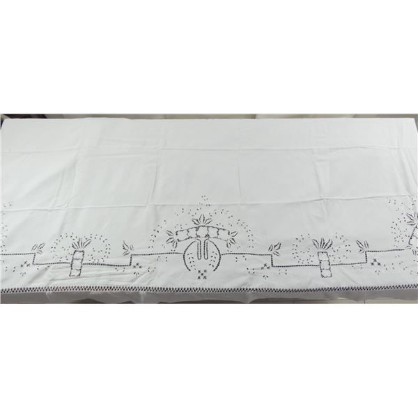 Vintage French Linen Top Sheet with Floral Cutwork Design