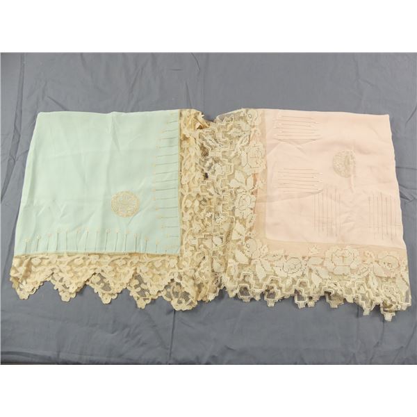 Vintage His & Hers Silk Embroidered & Lace Pillow Shams, Pink & Green Monogrammed