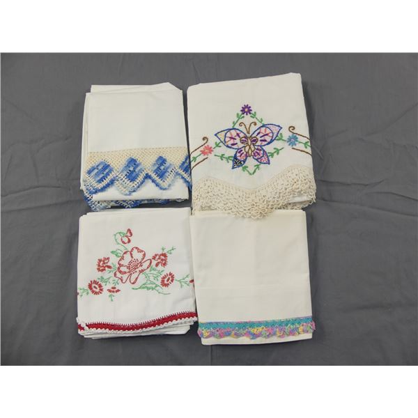 Lot of 4 Pair Vintage Embroidered & Crochet Trimmed Pillow Cases