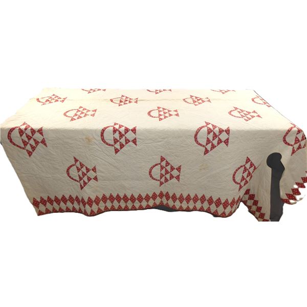 Antique 1800's Red Basket Quilt Poster Bed Quilt, Hand Stitched