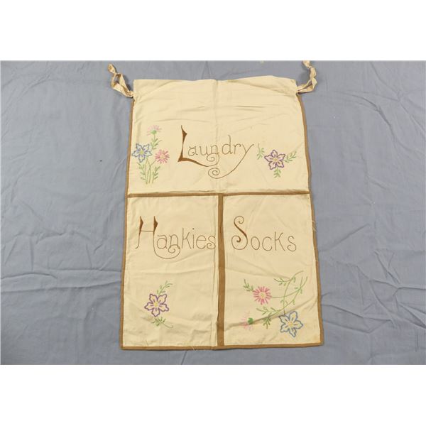 Vintage Hand Embroidered Laundry Bag with Sock & Hankie Pockets