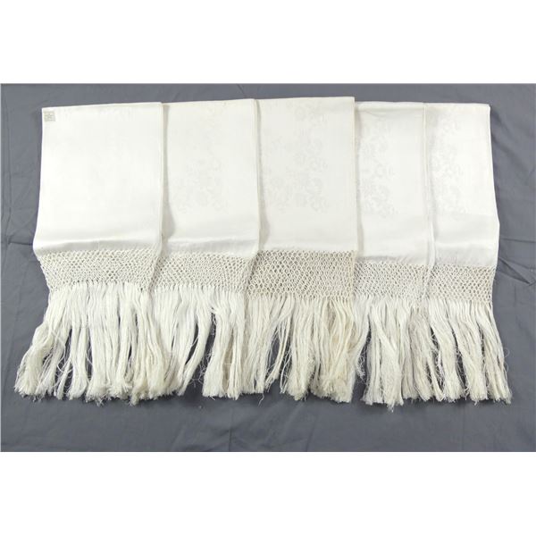 Lot of 5 Italian Damask Linen Fringed Towels, Old Store Stock
