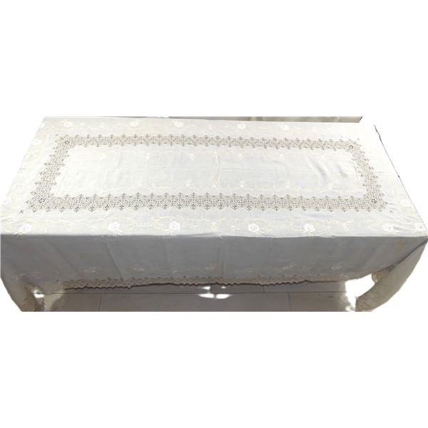 Vintage Italian Linen Bobbin Lace, Applique & Embroidered Tablecloth