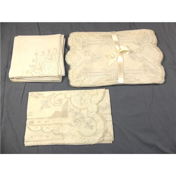Set of 12 Vintage Italian Linen Placemats with Matching  Napkins & Center Runner