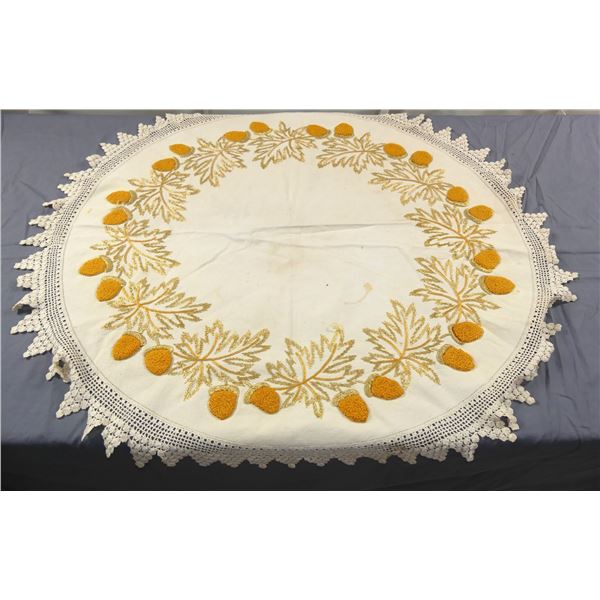 Vintage Arts & Crafts Era Embroidered Acorn Round Table Topper with Crochet Trim