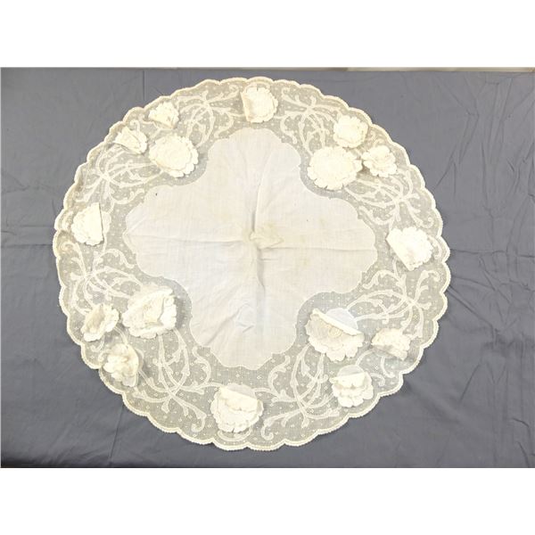 Vintage Round Linen Table Topper with Applique Lace Flowers
