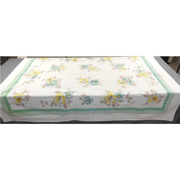 Vintage Printed Cotton Kitchen Tablecloth with Yellow Flowers & Green Stripe