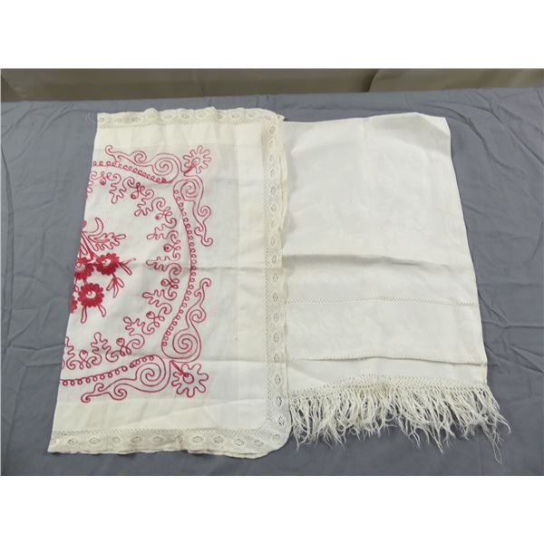 Vintage Fringe Towel & Embroidered Red work Square Topper/Sham