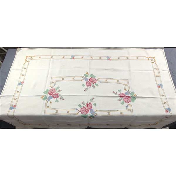 Vintage Hand Embroidered Cross Stitch Tablecloth with Roses