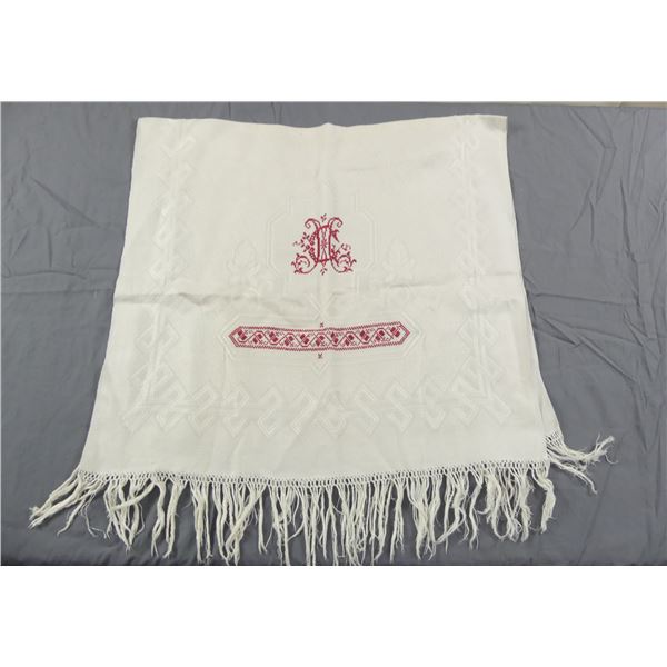 Large Vintage Fringe Bath Towel with Embroidered Red Work