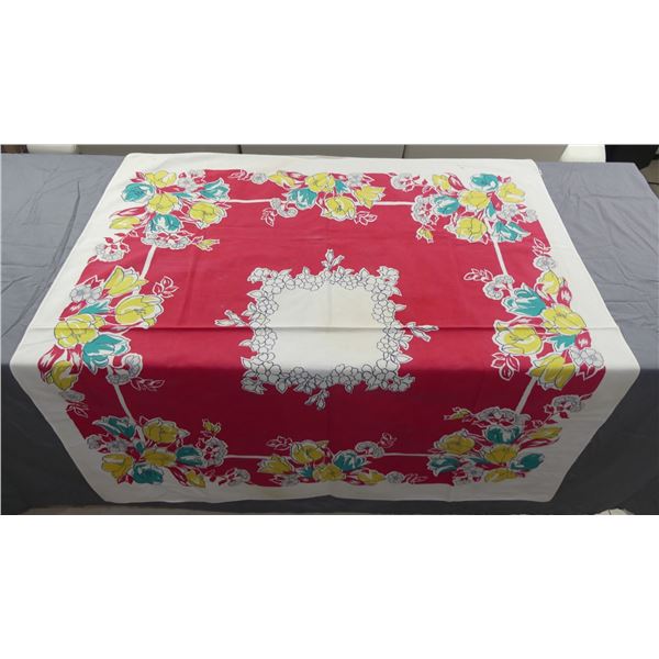 Vintage Simtex Printed Cotton Kitchen Tablecloth with Red Center, Green & Gold Flowers