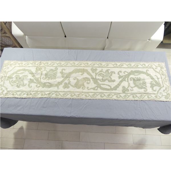 Vintage Needle Work Green & Tan Table Runner