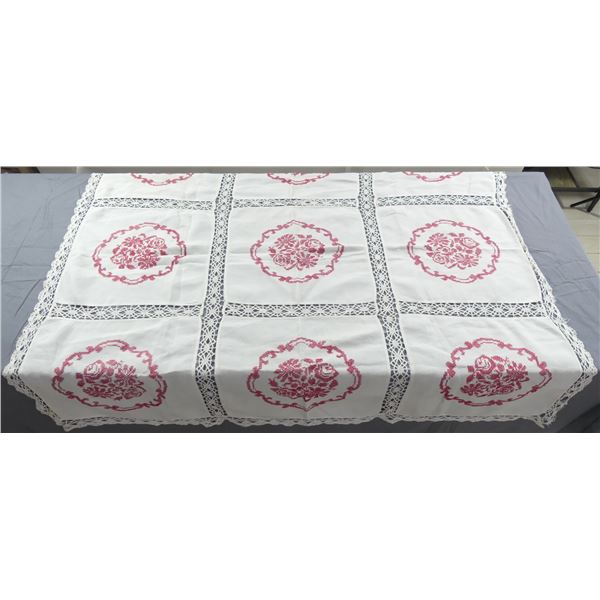 Vintage Linen Red Cross Stitch Block Tablecloth with Fine Crochet Trim
