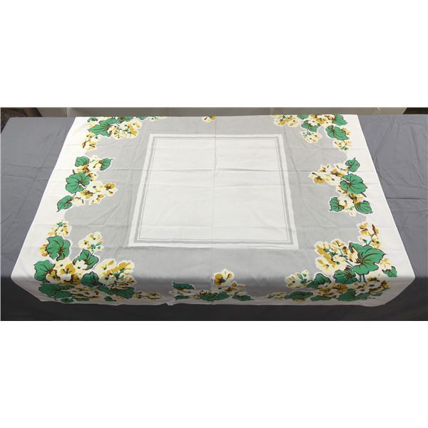 Vintage Cotton/Rayon Printed Kitchen Tablecloth with Grey, & Yellow Flowers