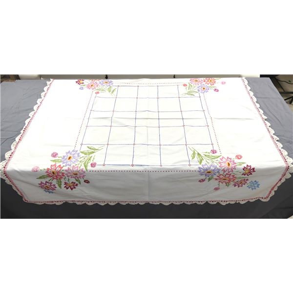 Vintage Hand Embroidered Kitchen Tablecloth with Crochet Trim