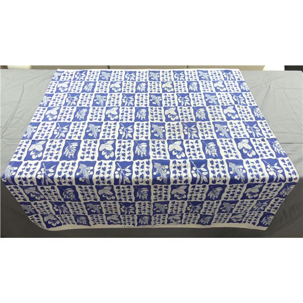 Vintage Blue & White Berries Kitchen Tablecloth, Vat Hand Printed by Flora Mears