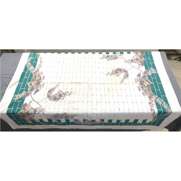 Vintage Printed Cotton/Rayon Kitchen Tablecloth, Green with Brown Floral Pattern
