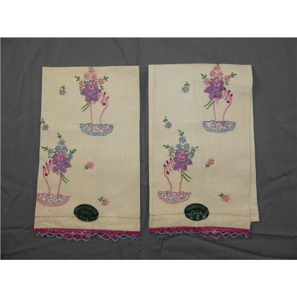 Pair of Vintage Old Store Stock Embroidered Hand/Guest Towels with Hand Holding Bouquet