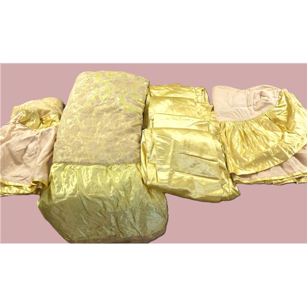 Vintage Gold Satin & Net Embroidered Lace Bedspread & 2 Pair Drape & Valance Set
