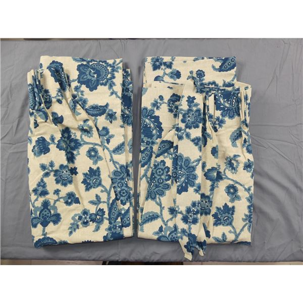 Pair of Vintage Blue Floral Heavy Cotton Curtain Panels with Tiebacks