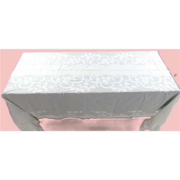 Vintage Organdy Banquet Size Tablecloth with White Applique & Embroidery