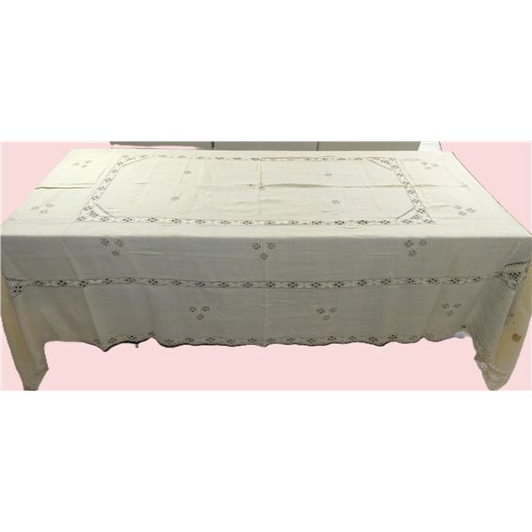 Vintage Heavy Linen Tablecloth with Embroidery Throughout
