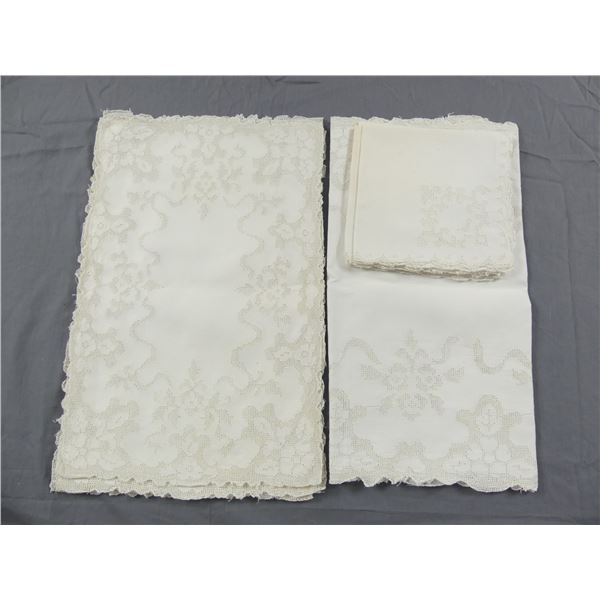 Vintage Set Linen Pulled Thread/Punch Work Placemat Set with Napkins & Table Runner